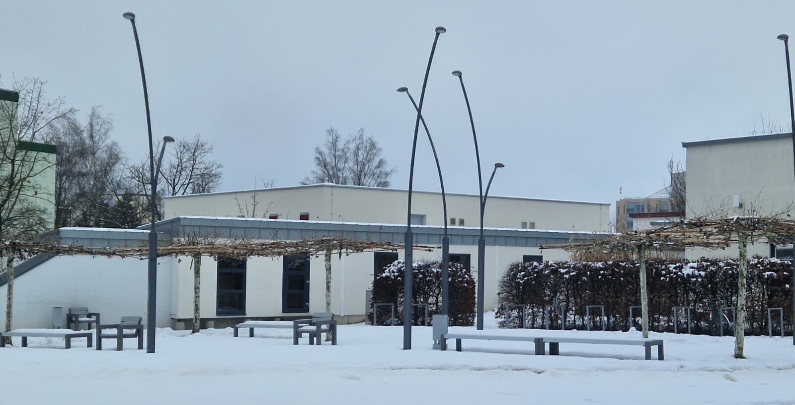 Verschneiter Vorplatz der Franken Therme mit kahlen Dachplatanen und Straßenlaternen