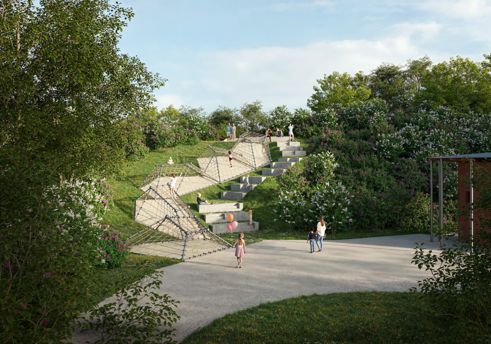 Visualisierung eines Spielhangs mit Kletternetzen und Sitzstufen im künftigen Landschaftspark