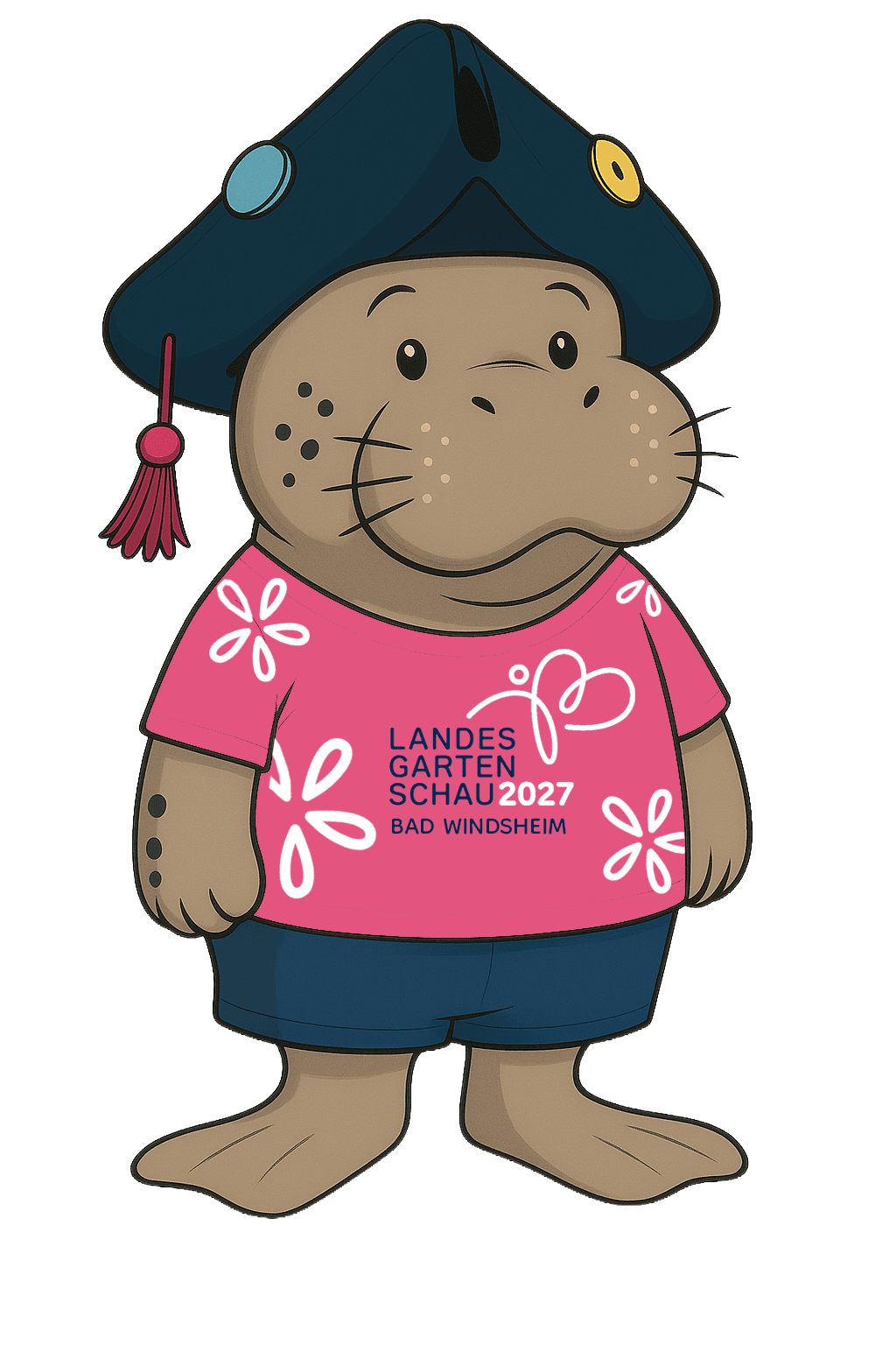 Illustration der Seekuh Stellario mit Dreispitz und pinkem Landesgartenschau-Shirt