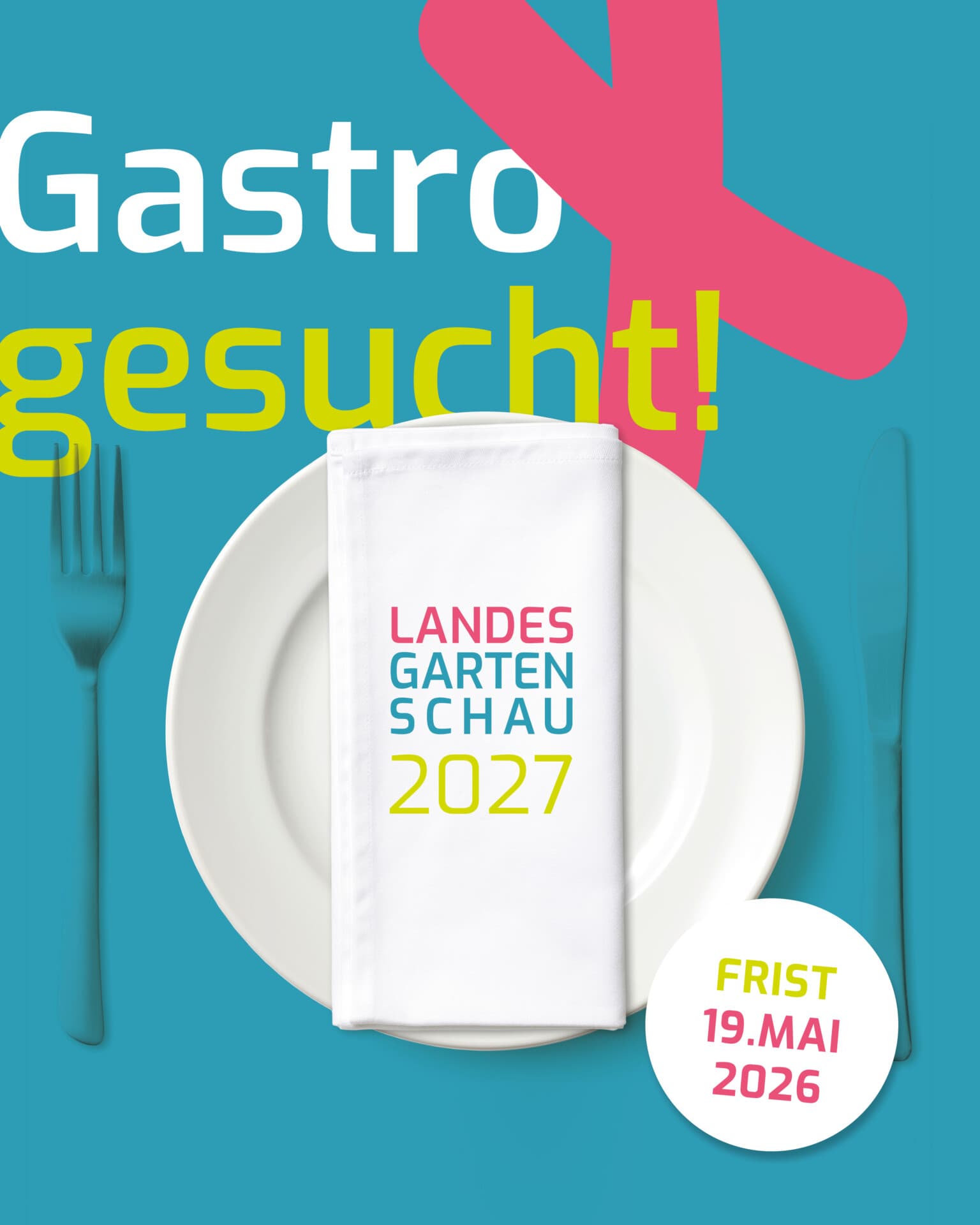 Grafik „Gastro gesucht!“ mit Teller, Serviette mit Landesgartenschau-Logo und Besteck