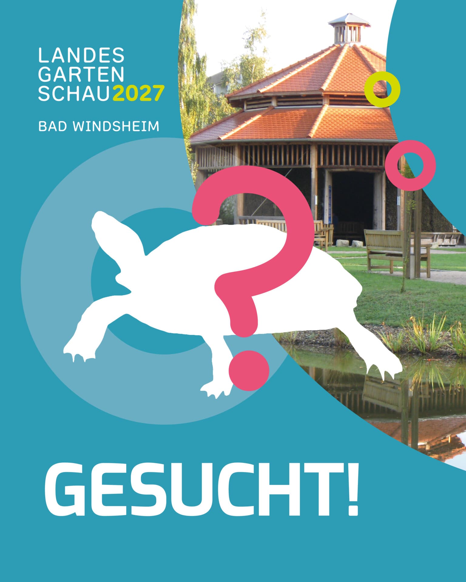 Grafik „Gesucht!“ mit weißer Schildkrötensilhouette und Fragezeichen vor dem Gradierwerk-Pavillon